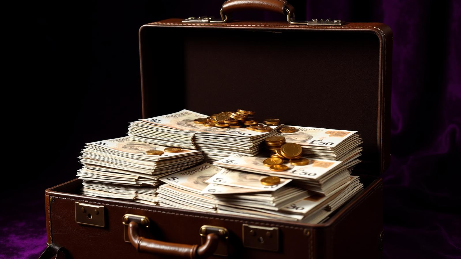 Briefcase stuffed with British £50 notes and gold coins